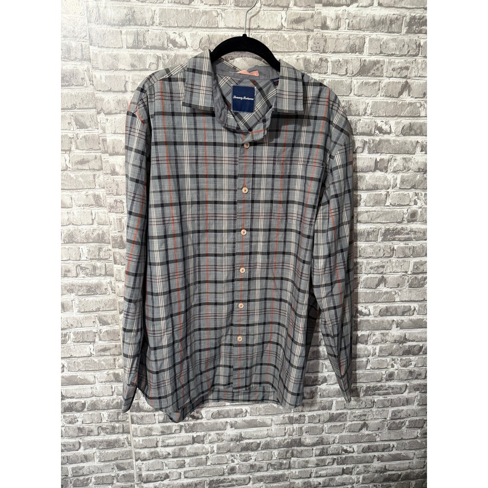 Tommy Bahama Plaid Button-Down Shirt Grey Multicolor Casual Long Sleeve